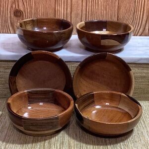 Vintage MCM Hand Carved Patchwork Wooden Bowls 5” set of 6